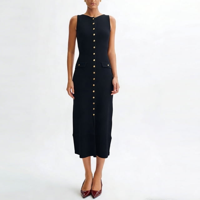 TaTaai Ladies Slim Fit Ribbed Knit Dress Sleeveless Crew Neck Button Front Solid Color Midi Office Casual Elegant Dress Gift