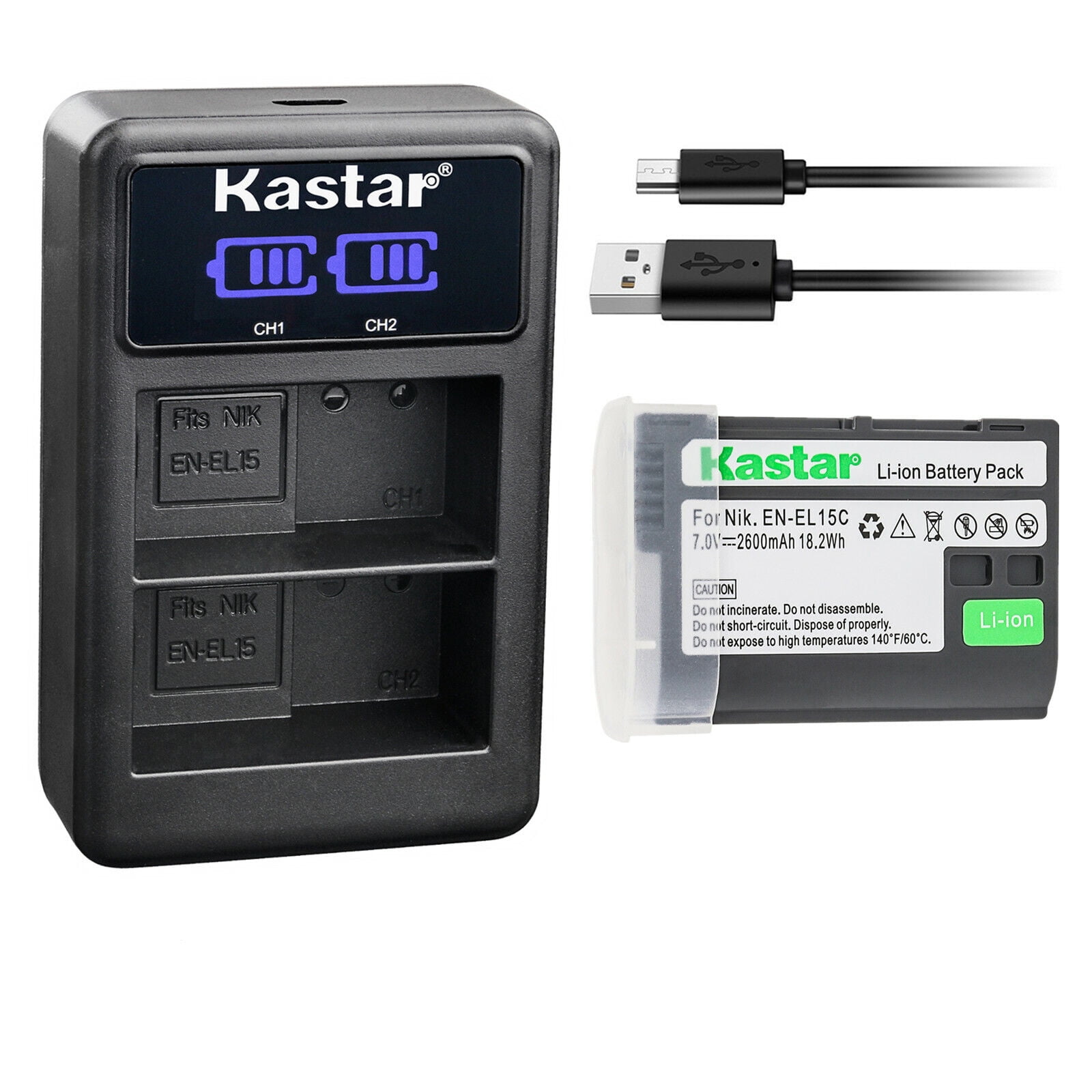 Kastar 1-Pack EN-EL15C Battery and LED2 USB Charger Compatible with Nikon D500 D600 D610 D750 D780 D800 D800E D810 D810A D850 D7000 D7100 D7200 D7500 Z5 Z6 Z6 II Z7 Z7 II Z7Q3 1 V1 DSLR Camera