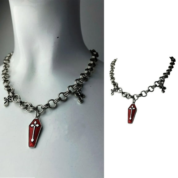 AOOOWER Coffin Cross Pendant Necklace Metal Chain Gothic Choker Jewelry for Women Men