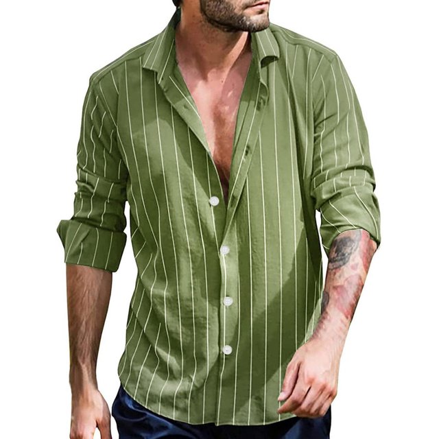 MAWCLOS Mens Single Breasted Striped Blouse Vacation Long Sleeve Tops Green L