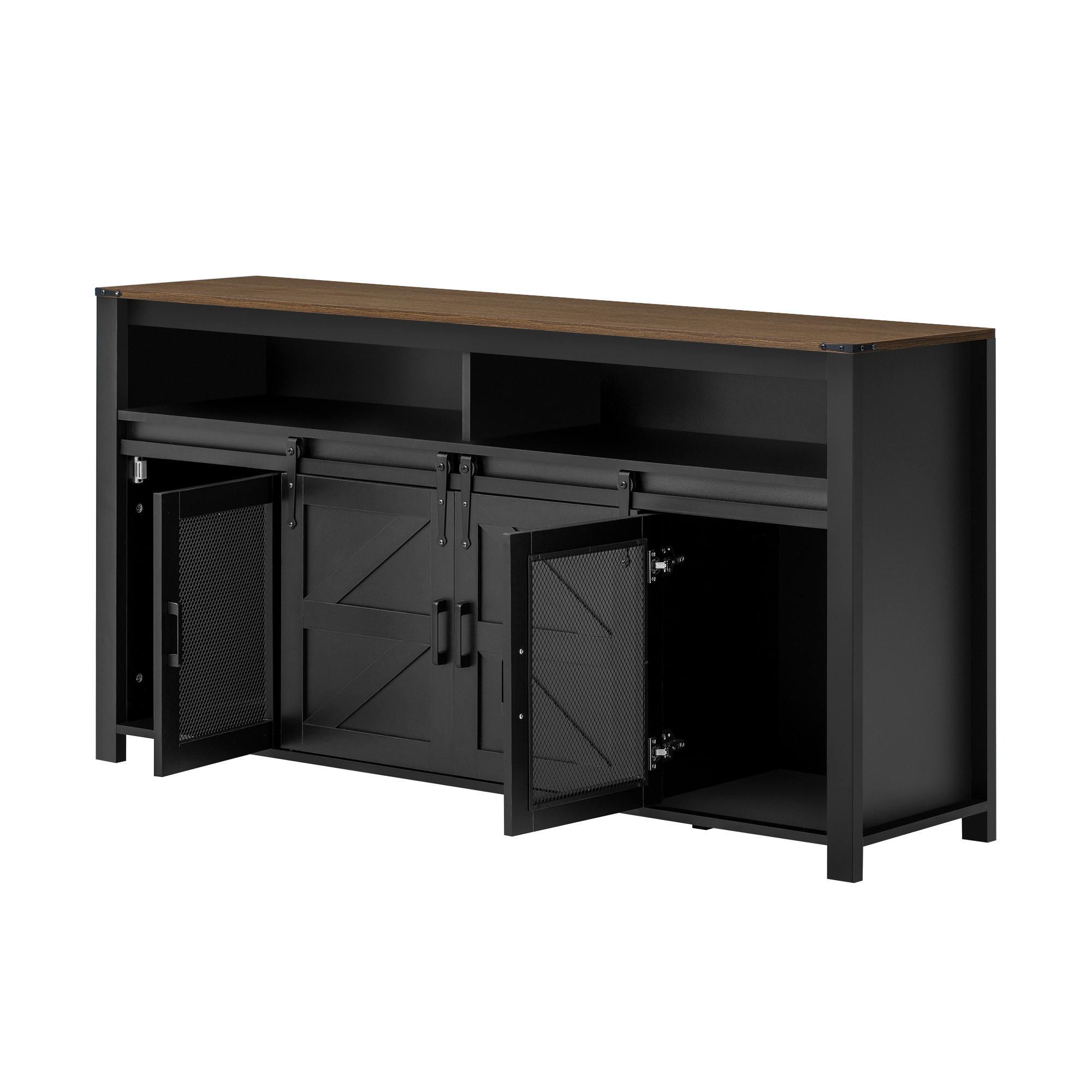 Euroco 59" Buffet Cabinet with Storage, Farmhouse Sideboard Cabinet with Sliding Barn Door and Open Storage Shelf,Wood Coffee Bar Table for Kitchen, Dining Room,Black