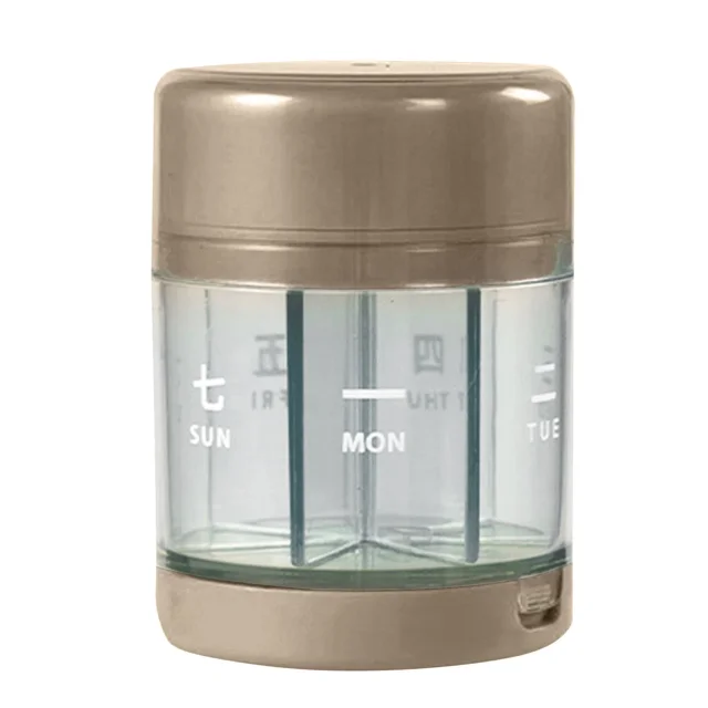 Tignapoo Boîte à Pilules Rotative à 7 Compartiments avec Coupeur en Acier Inoxydable 304, Organisateur de Médicaments Portable de Qualité Alimentaire ABS+PP, Double Couche Scellée, Design Transparent, 7.2x5.2x5.2cm, 60g, Marron