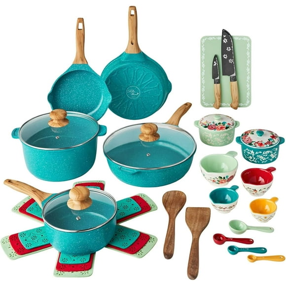 The Pioneers Womans Prairie Signature 30-Piece Cast Aluminum Cookware Set, Teal – Nonstick, Oven Safe, Durable Cookware with Utensils, Knives, and Storage Protection