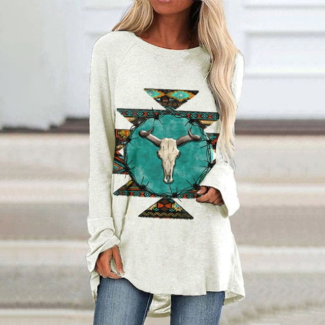 Pntutb Mujeres Moda Casual Manga Larga Cuello Redondo tops Blusa Suelta Camisas Estampadas Pntutb Pntutb-6440