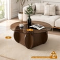 thumbnail image 3 of Hawsaiy Round Glass Coffee Table with Tempered Glass Top and Wood Base, Modern 30" Small Coffee Table for Living Room, Apartment, Office, Minimalist Center Table, Walnut, 3 of 9
