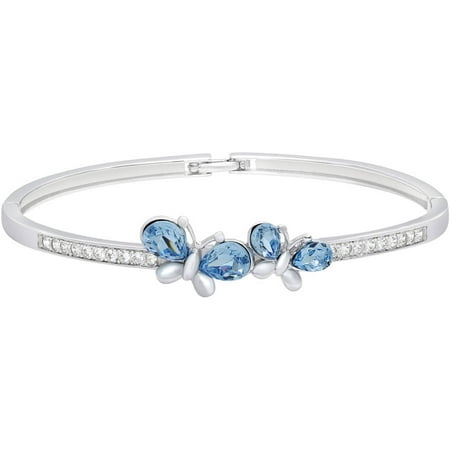 American Designs Aquamarine Blue Crystal and Clear Crystal Sterling Silver Butterfly Bangle Bracelet