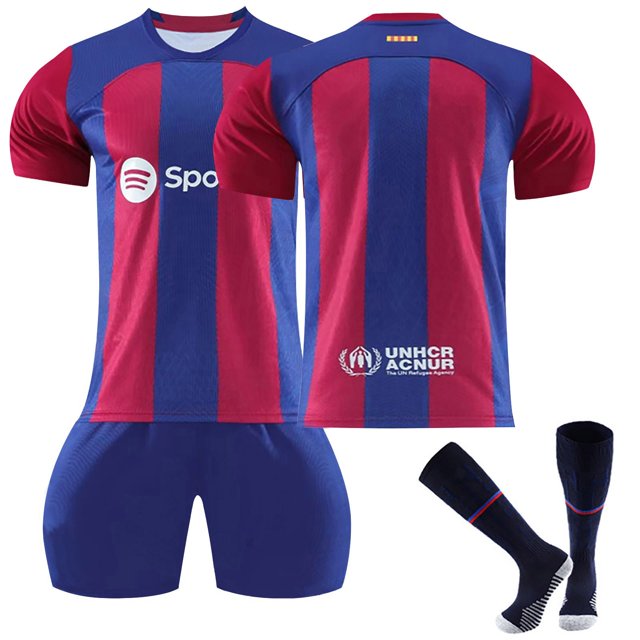 GZSL 2324 Barcelona Home Football Training Kit, Number # None Soccer Jersey, Colorful Short-Sleeve Adult Football Jersey with Gold Lettering Three-Piece Set/M