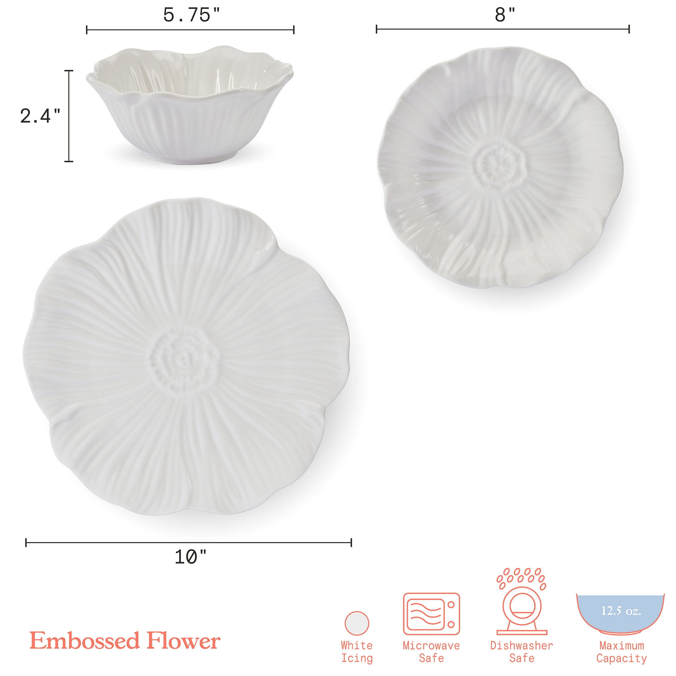 Beautiful by Drew Barrymore Embossed Flower 12 Piece Stoneware Dinnerware Set, 4 Piece Setting White