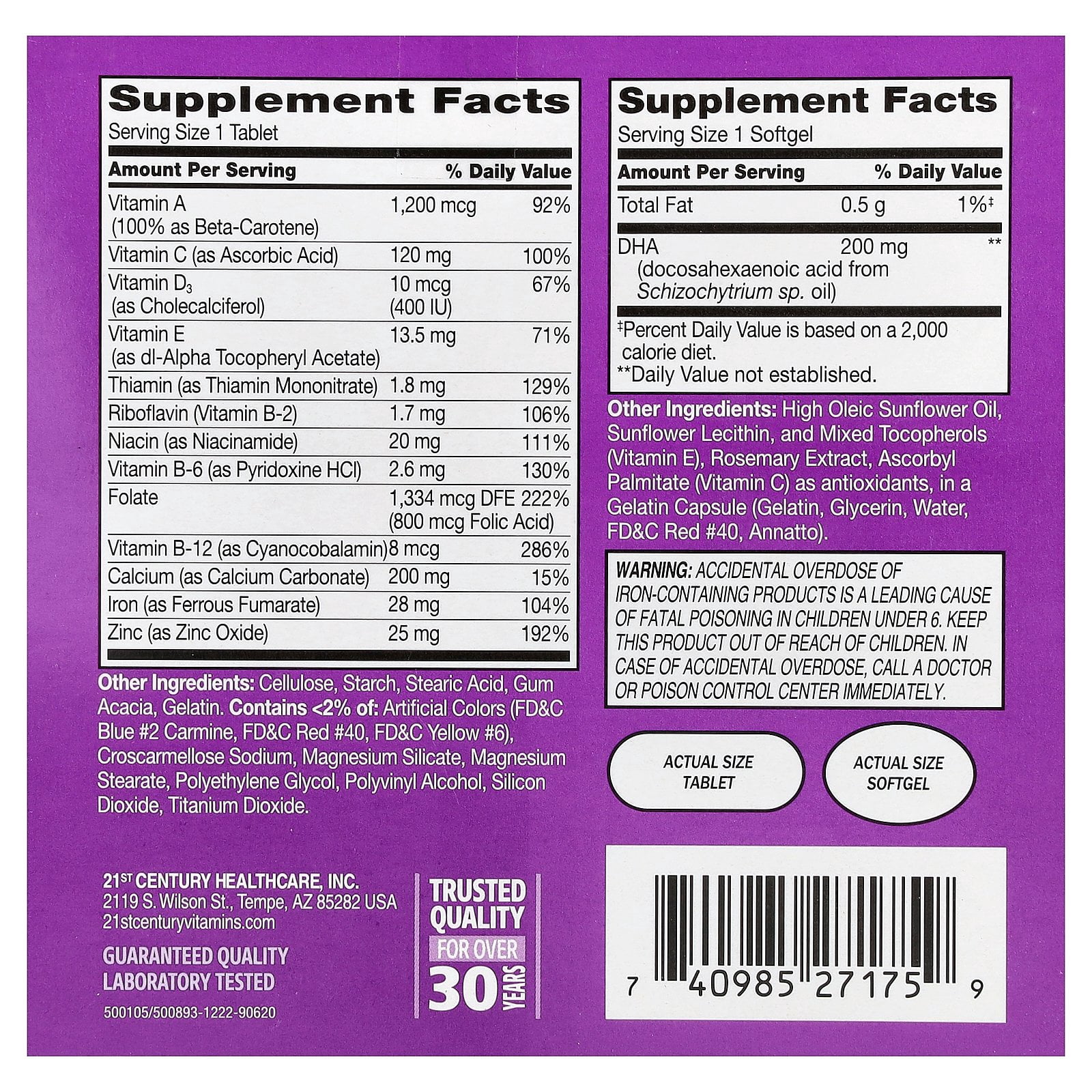 21st Century 2-Step Prenatal Multivitamin + DHA Tablets, 120 Count