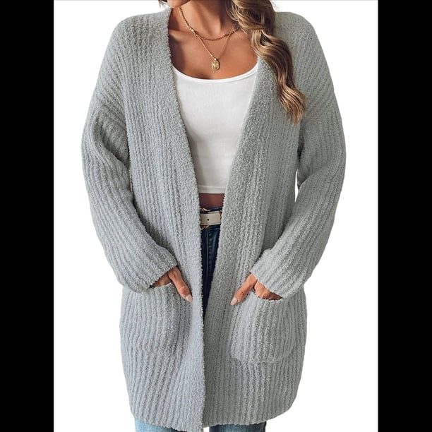 Suéter Informal de Otoño para Mujer, Abierto Al Frente, de Larga y con Bolsillos. Gris L