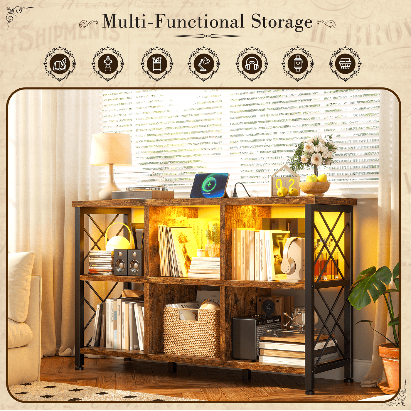 EnHomee 6-Cube Storage Organizer with LED Lights & Charging Station,Wood & Metal Bookshelf, Multi-Functional Cube Shelf for Bedroom, Home Office & Living Room，Rustic Brown