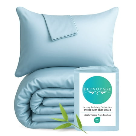 BedVoyage King Size Duvet Cover Set, Luxury 100% Viscose Derived from Bamboo, with Standard Shams, Button Closure/Corner Ties, Silky-Soft, Lightweight & Cooling, 108x96, King/Cal King – Sky