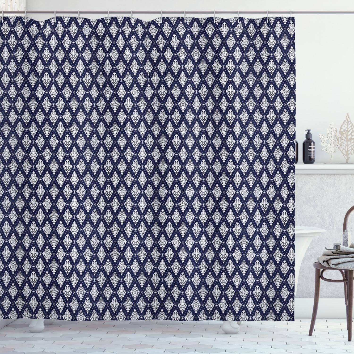 Boho Shower Curtain, Damask Inspired Pattern Vertical Oriental Diamond