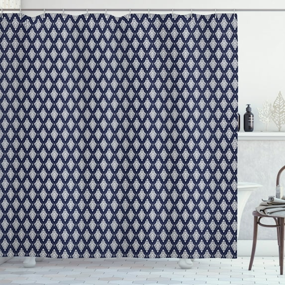 Ambesonne Boho Shower Curtain, Orient Damask Inspired Pattern, 69"Wx84"L, Indigo and White