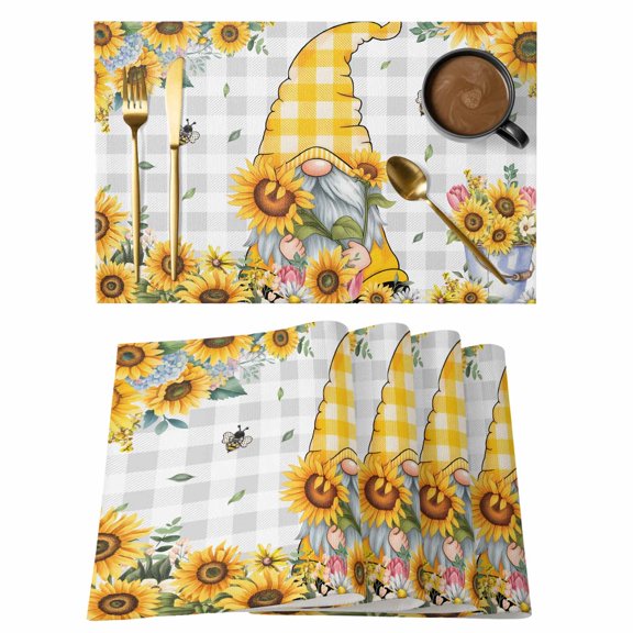 Gnomes Placemats Set of 12, Vintage Yellow Sunflower Summer Bee Grey Plaid Placemats for Dining Table, Place Mats for Kitchen Tabletop, Waterproof Wipeable Dining Table Mats Set