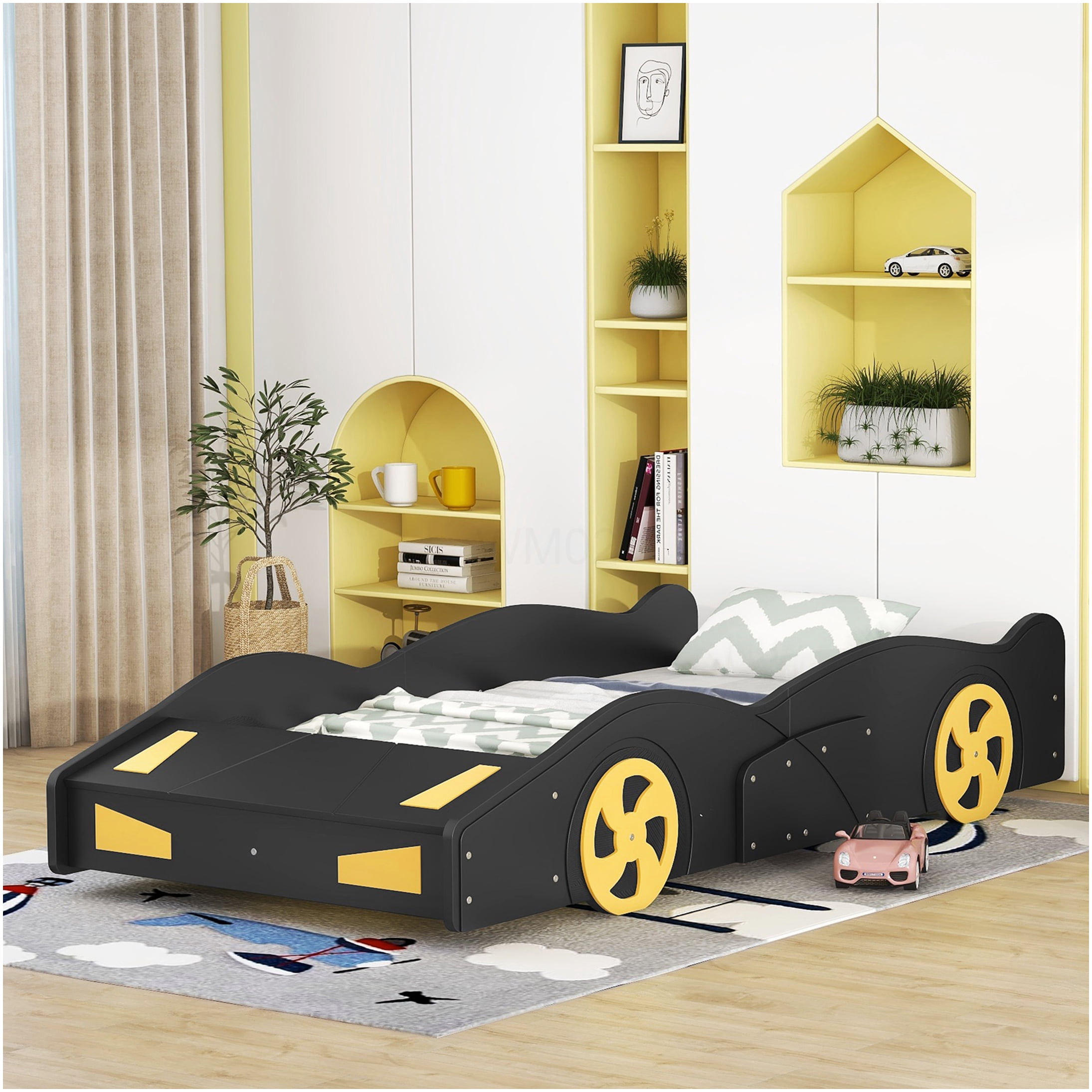 Twin Size Race Car Bed Frame with Storage & Wheels, Black & Yellow Modern Platform Bed