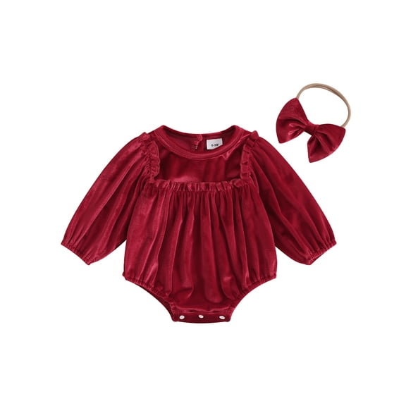 Bagilaanoe Baby Girl Christmas Romper for Newborn Long Sleeve Velvet Bodysuits Headband 3M 6M 12M 18M Infant Fall Casual Clothes