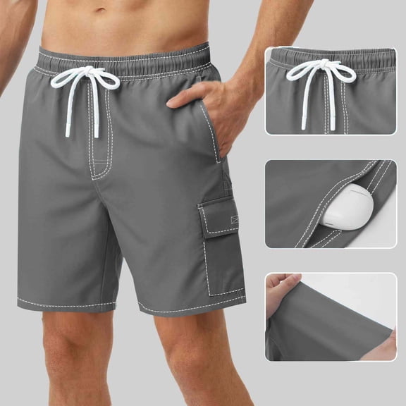 BRGZLK Quick Dry Mens Swim Trunks with Compression Liner Fashion Lightweight Comfortable Bathing Suits Drawstring Elastic Waist Shorts Summer Essential Gear Gray M