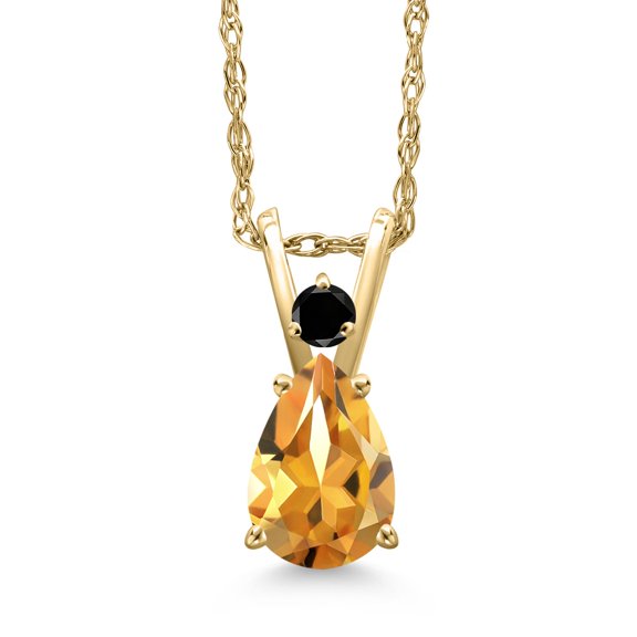 Gem Stone King 14K Yellow Gold Yellow Citrine and Black Diamond Pendant Necklace for Women | 0.87 Cttw | Gemstone November Birthstone | Pear Shape 7X5MM | With 18 inch Chain