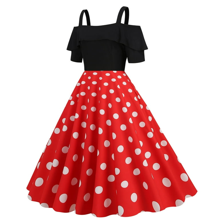 Mrat Fashion Womens High-Low Skirt A Line Flare Vintage High Waist Line  Dress Prom Ruffles Pirate High-Low Skirt Short Puff Sleeve Polka Printing L  Large 