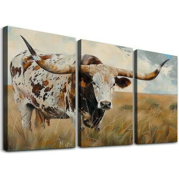 Shadudu Gallery As Time Goes By Wall Art, White and Light Brown Texas Longhorn in a field, Premium Gallery Wrapped Canvas Decor, Ready to Hang, (3 Panels 12x16in), Print 12x16x3pcs
