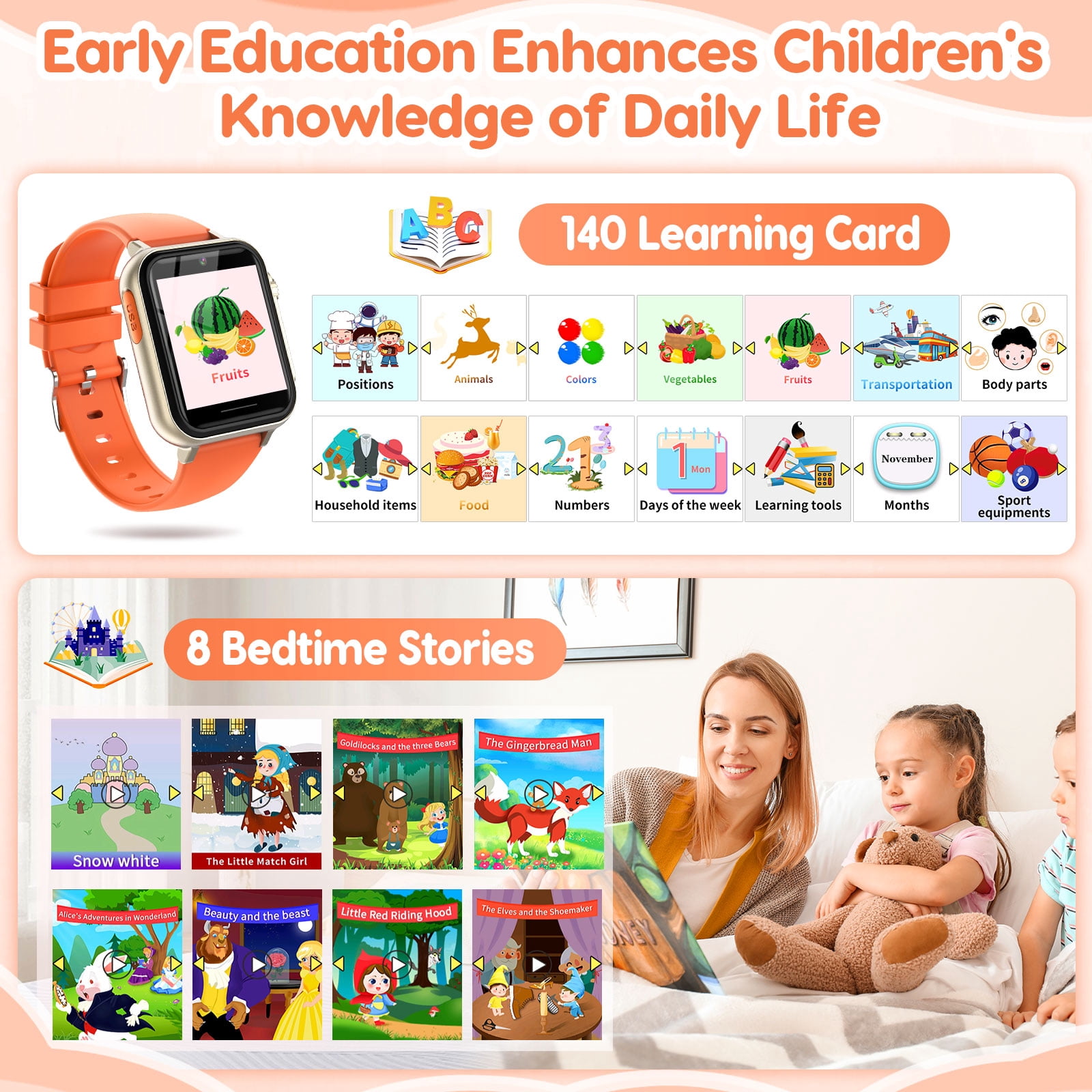 Eurhowing Kids Smart Watch Age 3-12, 31 Games, Learning Cards, HD Touch Screen, Camera, Music, Audiobook, Pedometer, Fun & Educational Birthday Gift Idea, Orange