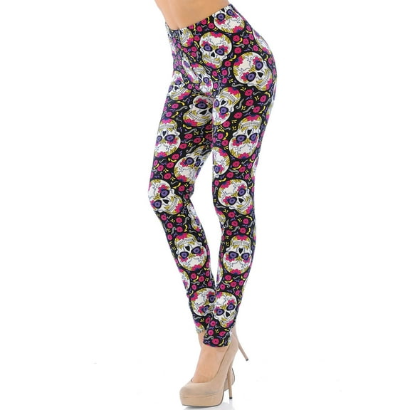 Buttery Soft Floral Petal Sugar Skull Leggings (One Size Regular,Pink)