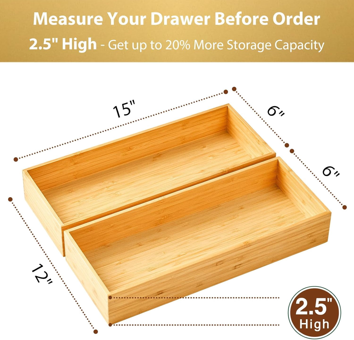 Bamboo Kitchen Utensils Organizer, Extra High Silverware Drawer Tray, Flatware Cutlery Storage Box, Multi-Use Holder in Office, Bathroom, Pantry - 15"x6"x2.5" (Set of 2)