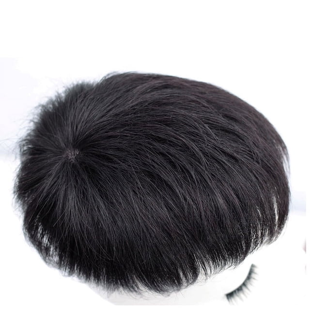 Peluca para hombre, repuesto de pieza de cabello de piel natural de 0,08 mm, tamaño base para hombre, 8 x 10 pulgadas, sistema V para hombre, negro oscuro