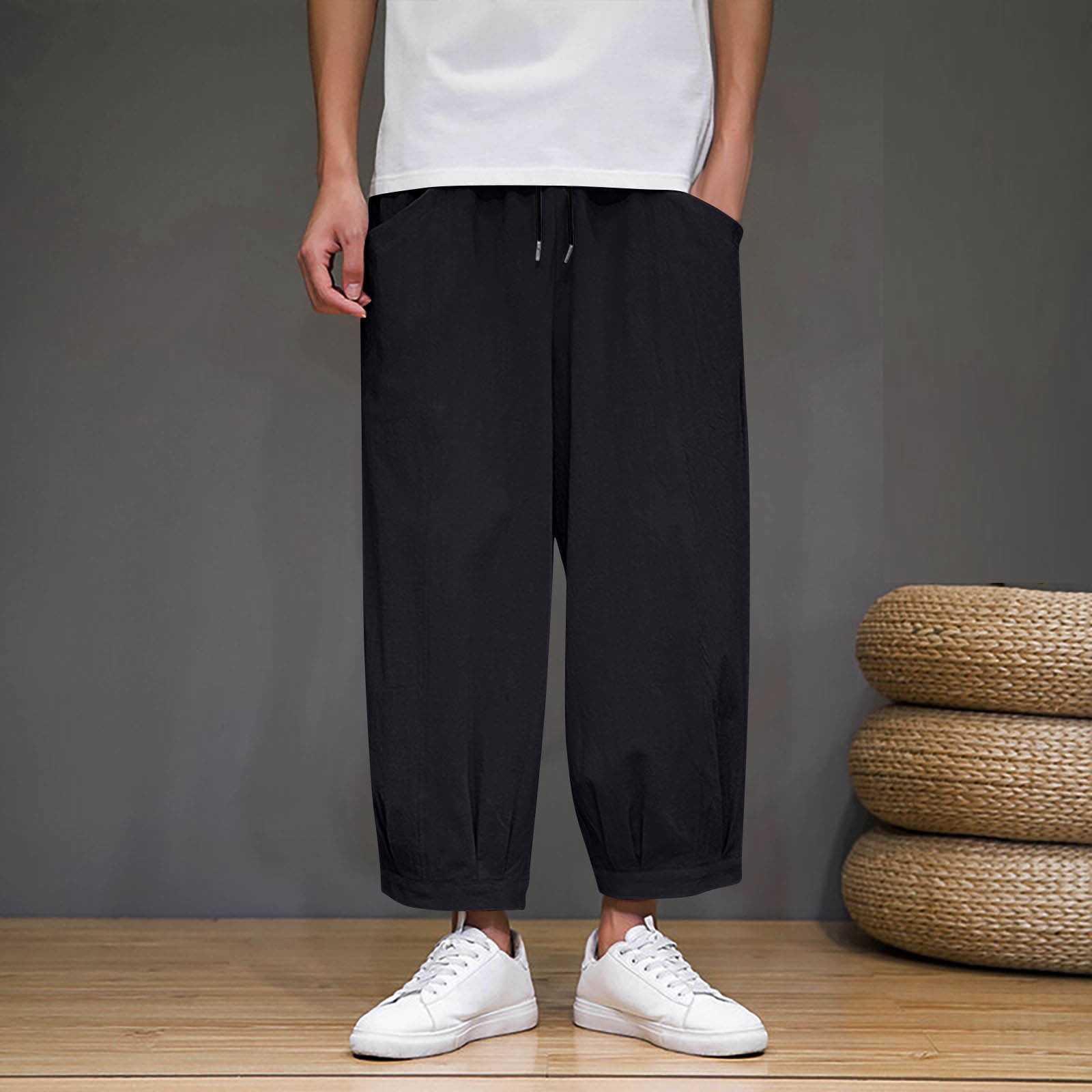 Dxzfnsa Mens Loose Fit Linen Pants Casual Lightweight Drawstring