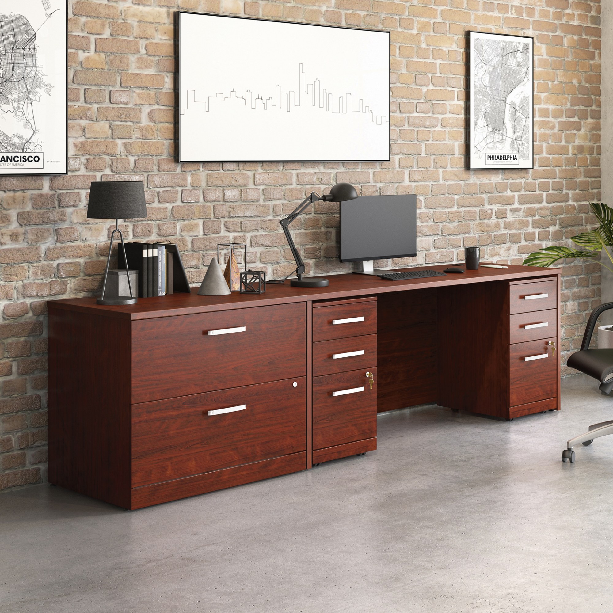 Sauder Affirm 72" x 24" Desk Shell/Lateral File/Two 3-Drawer Mobile Files Cherry - image 3 of 8
