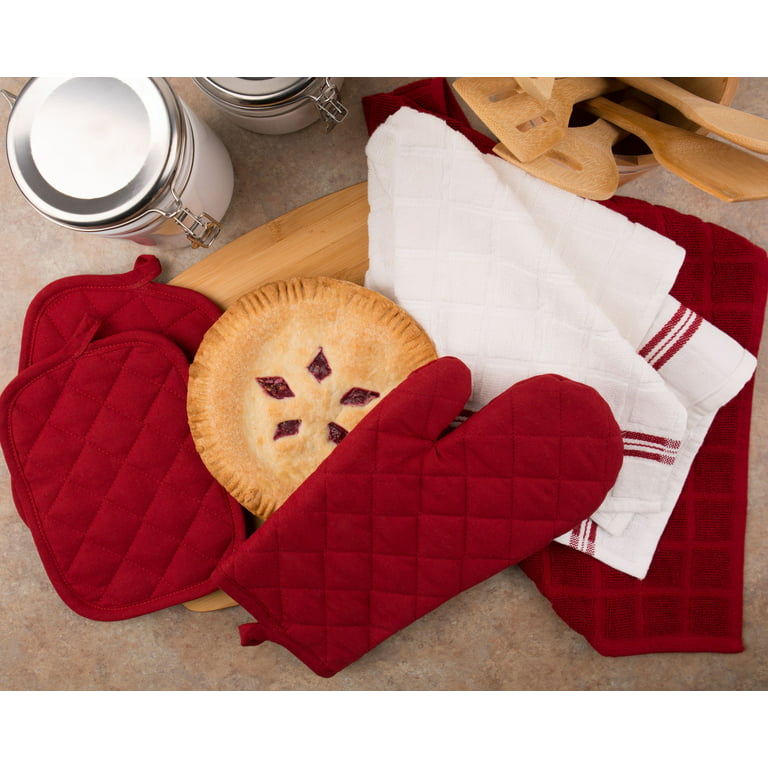 Mainstays Kitchen Towel, Oven Mitt & Pot Holder Kitchen Set, 5 Piece, Red 