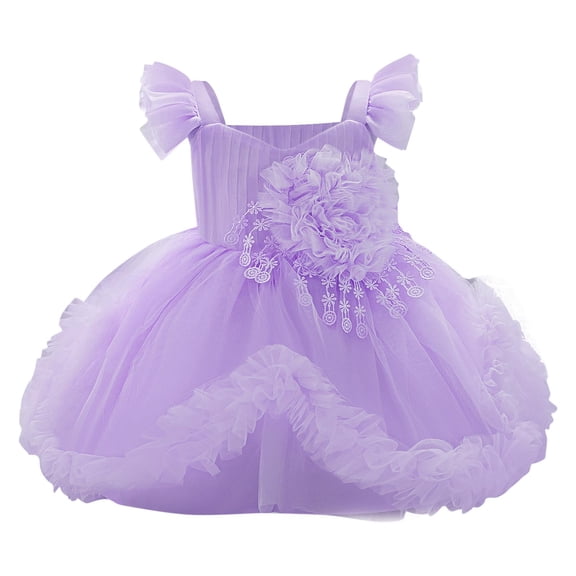 IFNWSV Girls Dresses Summer One Year Old Baby Skirt Baby Flying Sleeves Wave Mesh Bow Princess Skirt Formal Dress Performance Outfit Purple 6 Months