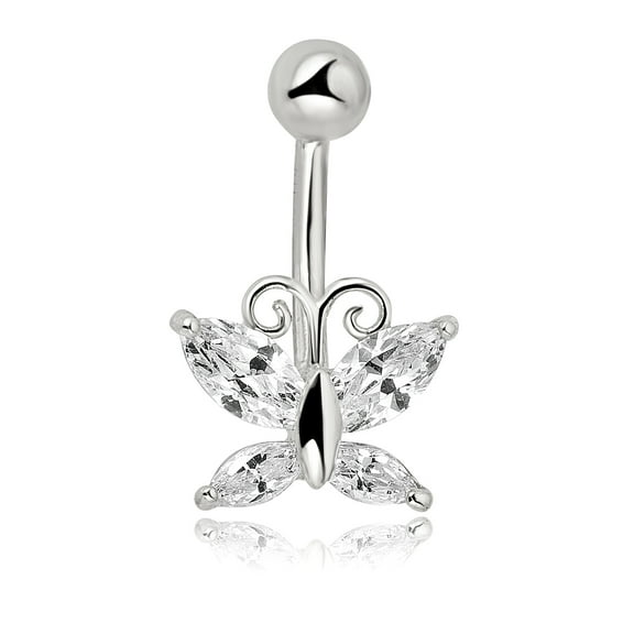 AVORA 10K White Gold Simulated Diamond CZ Dangling Fancy Butterfly Belly Button Ring Body Jewelry (14 Gauge)