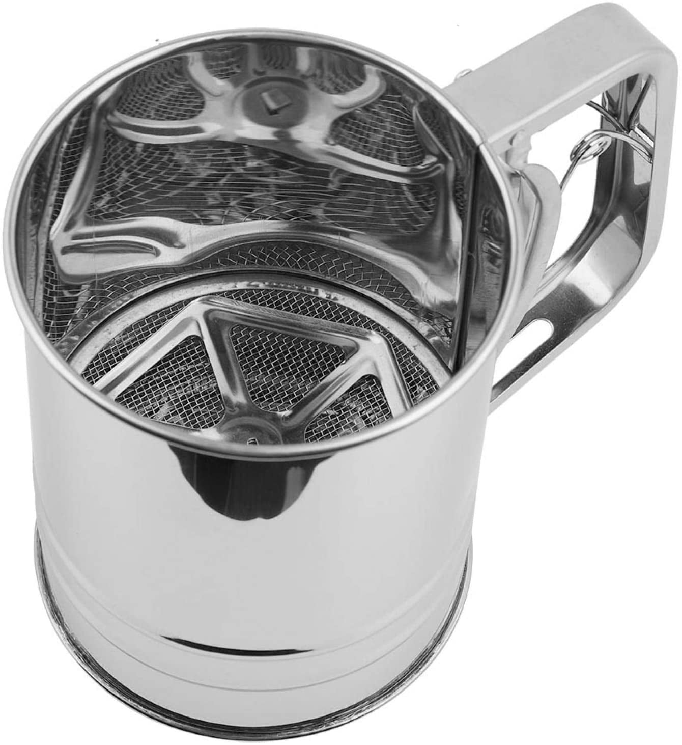 Stainless Steel Flour Dredger Flour Sifter Hand-held Icing Sugar Flour Sifter w/Handle Metal Squeezes Fine Mesh Sieve Strainer for Cake Cookie Baking Frying Kitchen Flour Sifter Cup 