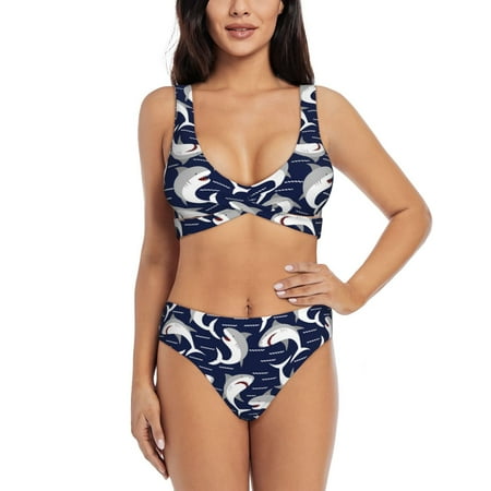 Zeuib Angry Shark High Waisted Tummy Control Bikini Set - Knot Front Push Up Top & Cheeky Thong Bottom  Two-Piece Swimsuit for Women-Large