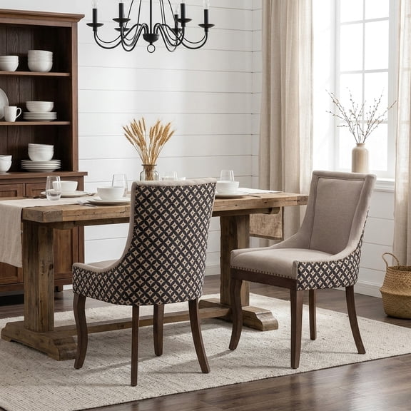 FFZ 36.4"Tall Set of 2 Upholstered Dining Chairs with Solid Wood Legs and Bronze Nailhead, Beige