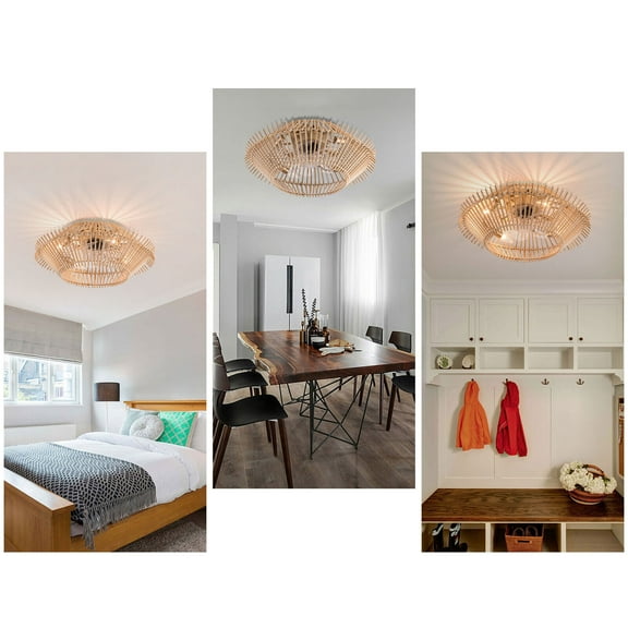 Caged Ceiling Fan Light Farmhouse Rattan Woven Bamboo Lamp Fandelier W/Remote