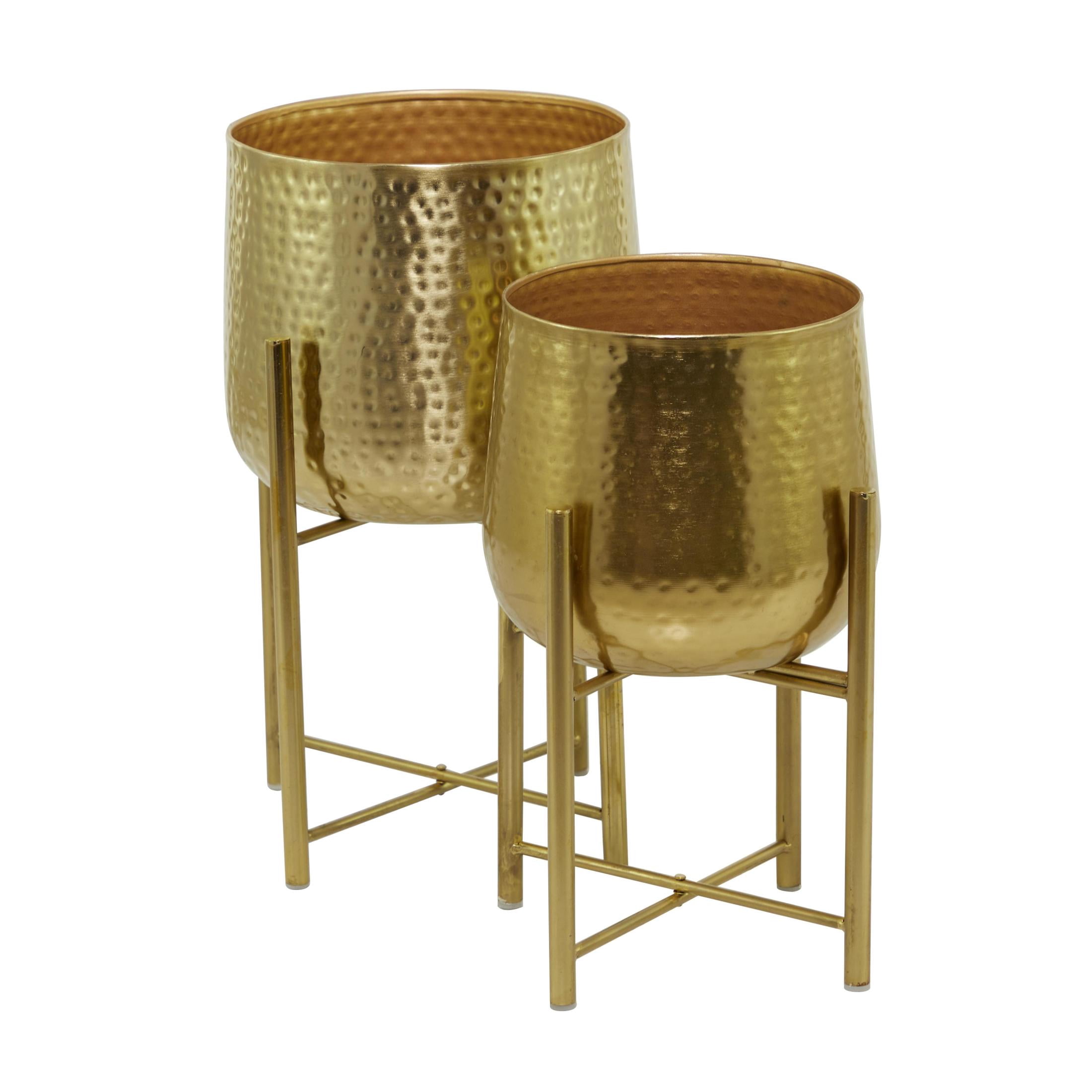 CosmoLiving by Cosmopolitan 17", 19"H Deep Recessed Hammered Dome Gold Metal Planter with Removable Stand (2 Count)