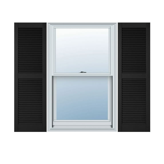 14 1/2"W x 25"H Lifetime Vinyl, Custom Straight Top Center Mullion, Open Louver Shutters, w/Shutter-Loks (Per Pair), Black