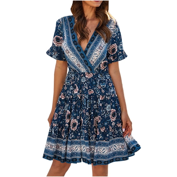 Moda mujer estampado floral con cuello en v casual vestido de tirantes hasta la rodilla Fridja NMB4048