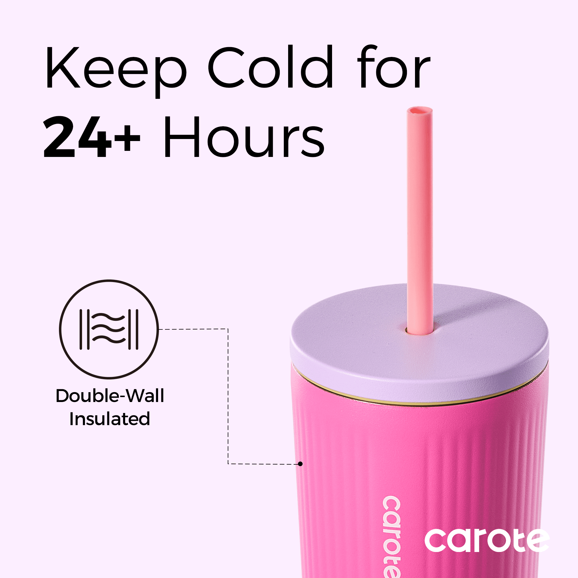 Carote 2-pack, 19 fl oz & 21 fl oz, Insulated Stainless Steel Highlight Series Water Bottles, Straw/Push, Pink