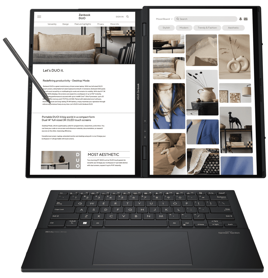 ASUS Zenbook Duo AI Powered 2-in-1 Laptop 14.0in Touchscreen OLED 2.8K Display (Intel Ultra 9-285H, 32GB LPDDR5X, 2TB PCIe SSD, Active Pen, Backlit KB, 2 Thunderbolt 4, Win 11 Home) w/USB-C Dock