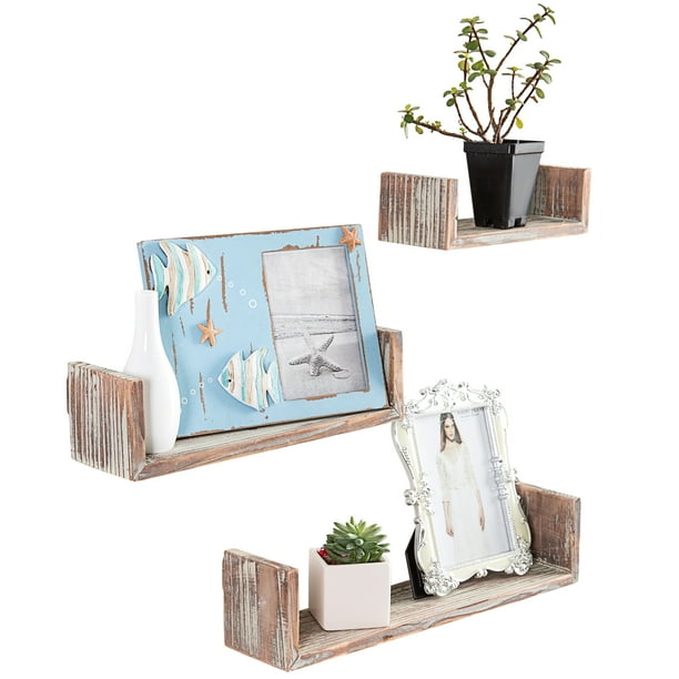 Wall Mounted Torched Wood UShaped Floating Shelves, Set of 3