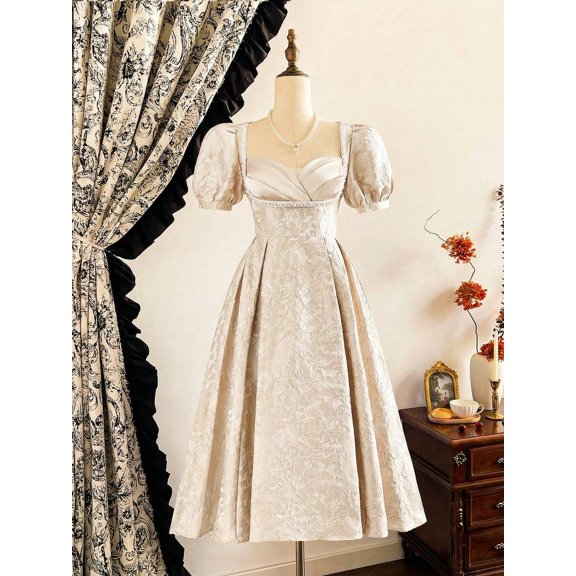 Apricot Vintamour Vintage Elegant Light Blue Women's Dress Floral Jacquard