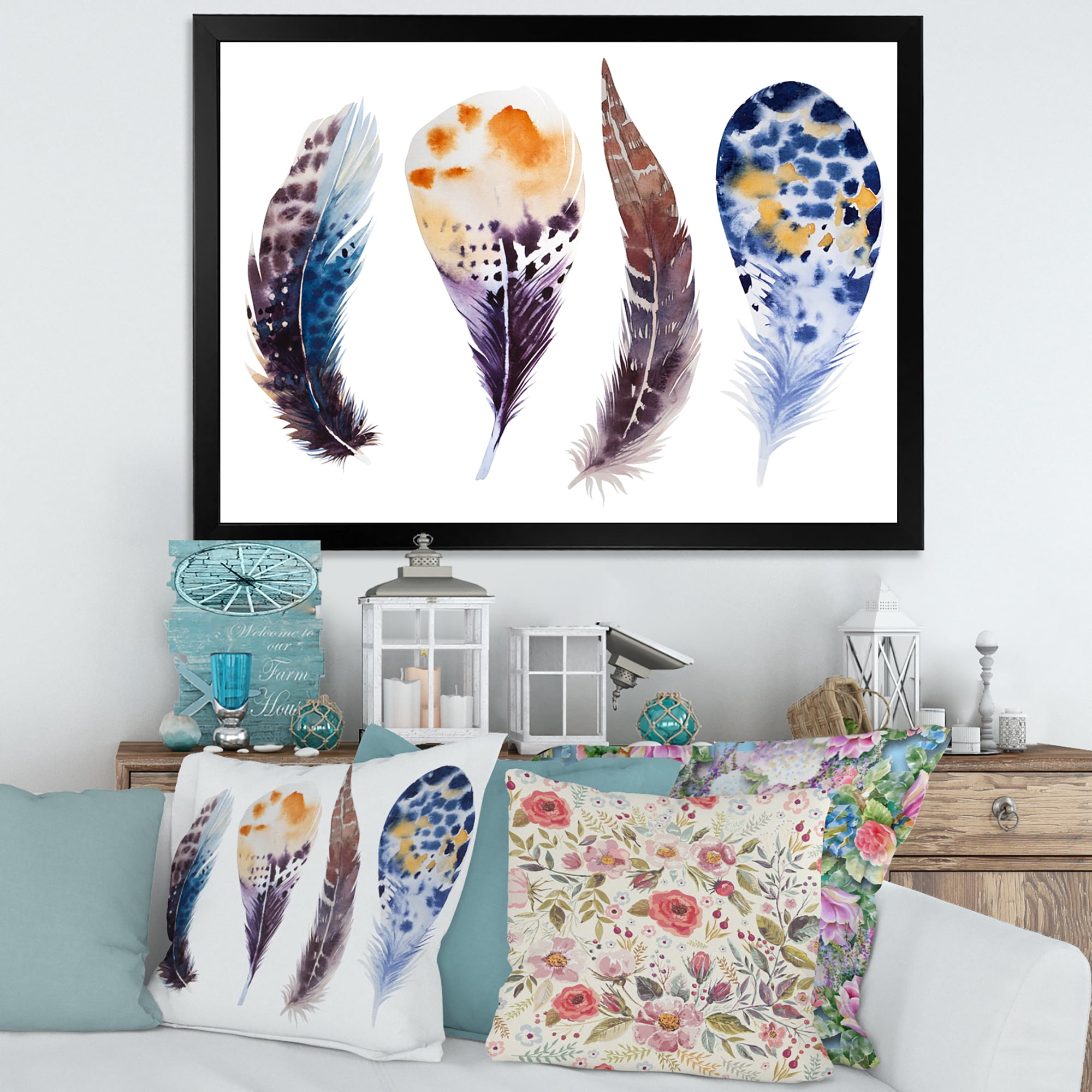 Designart 'Colourful Boho Feather Set On White VIII' Bohemian & Eclectic Framed Art Print