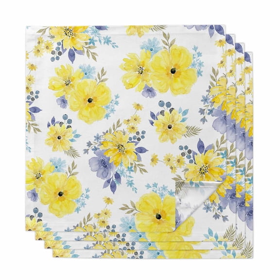 Yellow Watercolor Floral Cloth Napkins, Spring Flower Abstract Art Washable and Reusable Dinner Napkins Set of 4, Table Napkin for Kitchen Party Birthday Wedding Hotel Housewarming 20"x20"