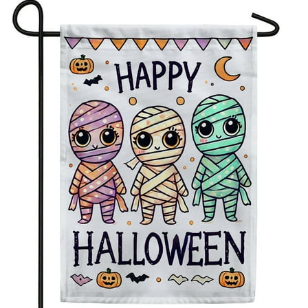 America Forever Happy Halloween Mummy Trio Garden Flag, 12.5 x 18 inch Double Sided, Spooky Halloween Night Yard Sign, Cartoon Mummies Flags, Autumn Seasonal Outdoor Decorative for Lawn and Garden