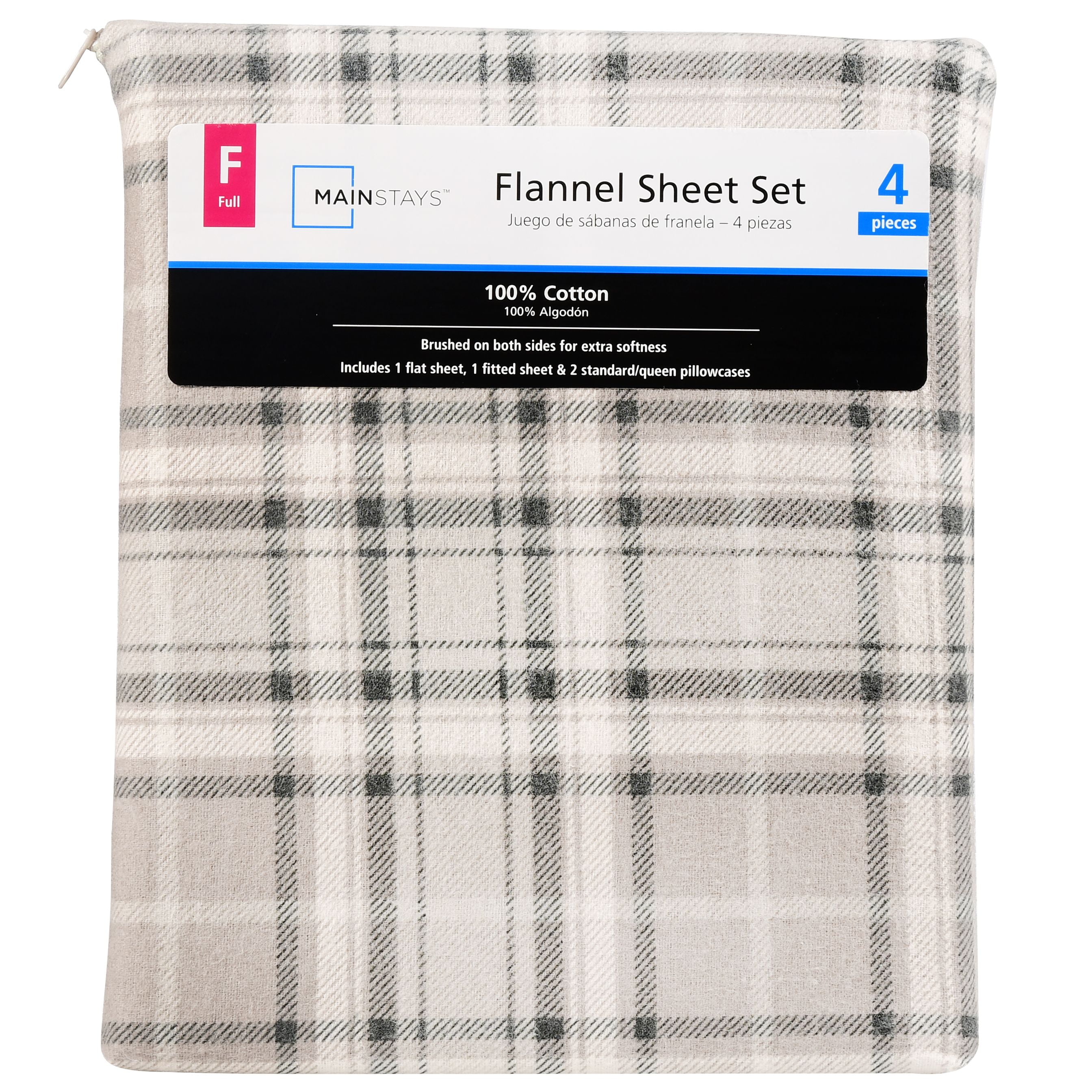 Mainstays Neutral Plaid Flannel Sheet Set