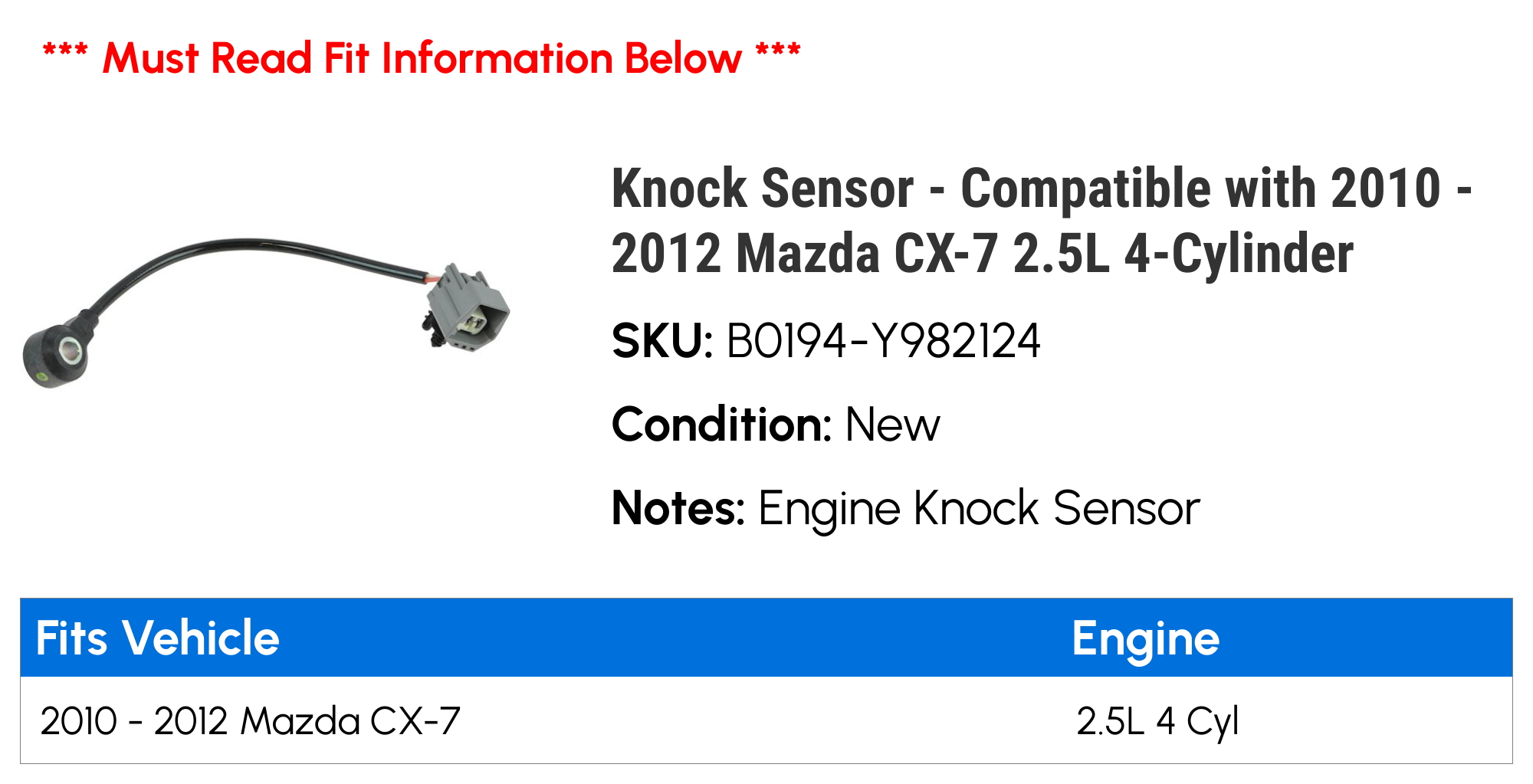 Knock Sensor - Compatible with 2010 - 2012 Mazda CX-7 2.5L 4-Cylinder 2011